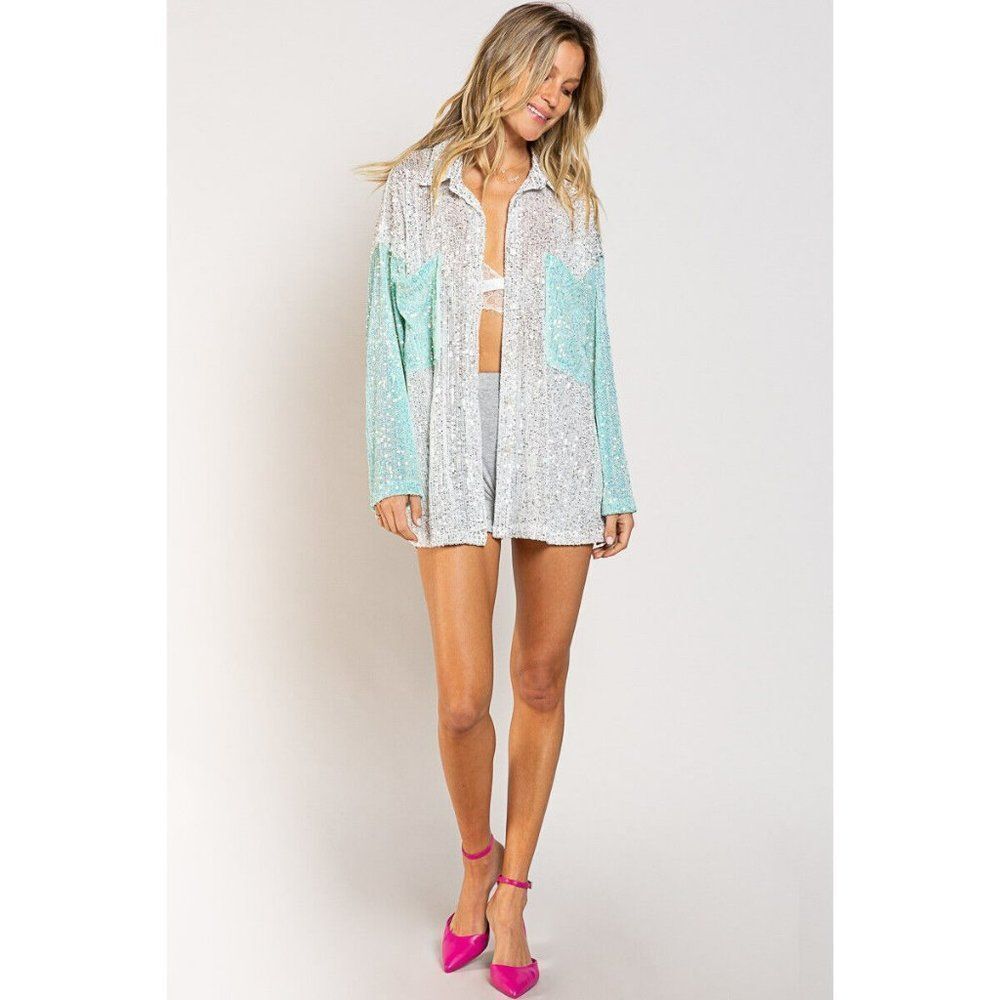 POL CLOTHING Sparkly Sequin Button Up Top White Aqua New Colorblock SMT2041 - Picture 6 of 8